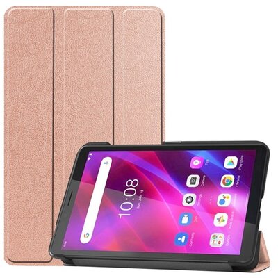 Tablet védőtok álló, bőr hatású (flip, oldalra nyíló, Trifold asztali tartó funkció) ROZÉARANY [Lenovo Tab M7 (TB-7305F) Gen2, Lenovo Tab M7 (TB-7306F) Gen3]