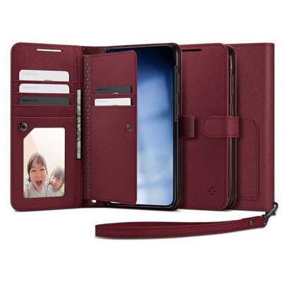 SPIGEN WALLET S PLUS telefontok álló, valódi bőr hatású (flip, oldalra nyíló, textil minta), Burgundy [Samsung Galaxy S23+ Plus (SM-S916)]