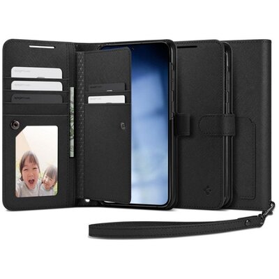 SPIGEN WALLET S PLUS telefontok álló, valódi bőr hatású (flip, oldalra nyíló, textil minta), Fekete [Samsung Galaxy S23+ Plus (SM-S916)]