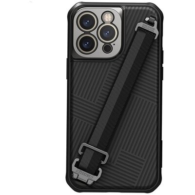NILLKIN STRAP műanyag telefonvédő (közpesen ütésálló, fém kamera védelem + kézpánt, csíkos minta) FEKETE [Apple iPhone 14 Pro Max]