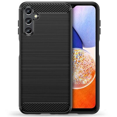 Szilikon telefonvédő (közepesen ütésálló, légpárnás sarok, szálcsiszolt, karbon minta) FEKETE [Samsung Galaxy A14 5G (SM-A146), Samsung Galaxy A14 4G (SM-A145)]