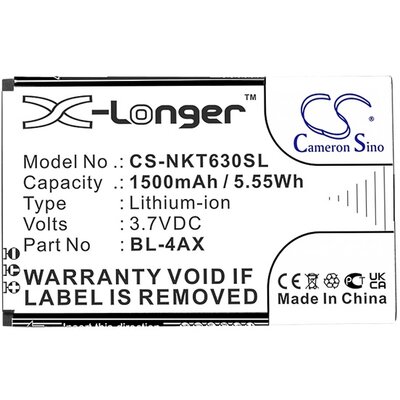 CAMERON SINO CS-NKT630SL CAMERON SINO Li-Ion akkumulátor (3,7V / 1500mAh, Nokia BL-4AX kompatibilis) FEKETE [Nokia 8000 4G, Nokia 6300 4G]