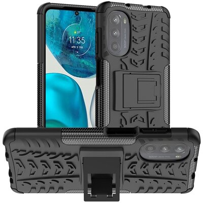 Defender műanyag telefonvédő (közepesen ütésálló, szilikon belső, kitámasztó, autógumi minta) FEKETE [Motorola Moto G52, Motorola Moto G82 (XT2225)]