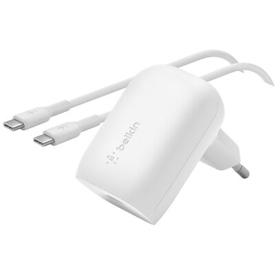 BELKIN WCA005VF1MWH-B6 BELKIN BOOST CHARGE hálózati töltő Type-C aljzat (30W, PPS, PD gyorstöltés támogatás + Type-C kábel) FEHÉR