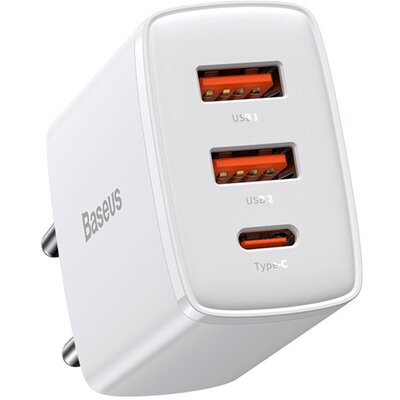 BASEUS CCXJ-E02 BASEUS COMPACT hálózati töltő 2 USB aljzat / Type-C aljzat (5V / 3000 mA, 30W, QC 3.0, PD gyorstöltés támogatás) FEHÉR