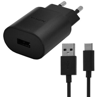 NOKIA CH-21E NOKIA hálózati töltő USB aljzat (18W, 5V / 2000mA, gyorstöltés támogatás + Type-C kábel) FEKETE