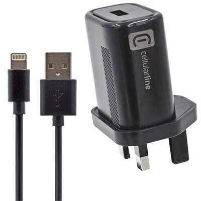 CELLULARLINE ACHKITMFI12WUKK CELLULARLINE hálózati adapter USB aljzat (12W, UK, földelt, utazótöltő + lightning 8pin kábel) FEKETE