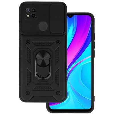 Defender műanyag telefonvédő (közepesen ütésálló, szilikon belső, telefontartó gyűrű, kamera védelem) FEKETE [Xiaomi Redmi 9C]