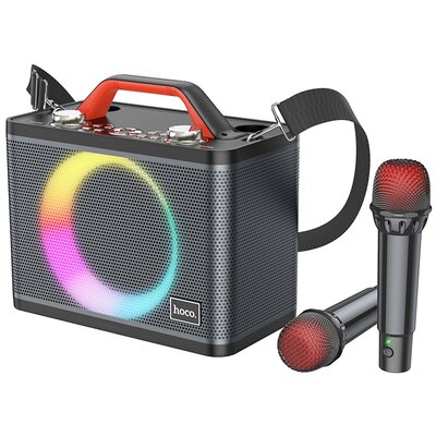 HOCO vezeték nélküli hangszóró táncos kültéri karaoke + 2x vezetékes mikrofon LED Jenny BS57 fekete (+ FBT, TF, USB, AUX)