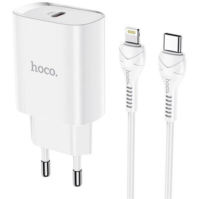 HOCO N14_TYPEC_L_W HOCO N14 hálózati töltő Type-C aljzat (5V / 3000mA, 20W, PD gyorstöltés támogatás + lightning 8pin kábel) FEHÉR