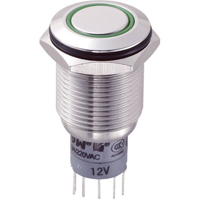 Vandálbiztos nyomógomb kör világítással, zöld, 16 mm, 250V/AC, 3A, LAS2GQF-22E/G/12V/S/P