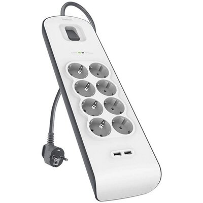 BELKIN BSV804VF2M BELKIN hálózati elosztó (8 AC aljzat / 2 USB aljzat, 5V / 2.4A, túlfeszültség elleni védelem + 200cm tápkábel) FEHÉR