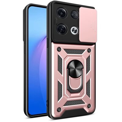 Defender műanyag telefonvédő (közepesen ütésálló, szilikon belső, telefontartó gyűrű, kamera védelem) RÓZSASZÍN [Oppo Reno 8 Pro]