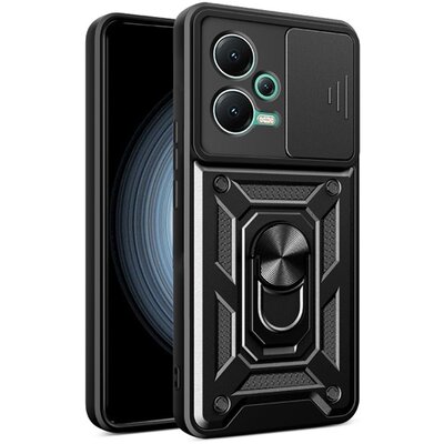 Defender műanyag telefonvédő (közepesen ütésálló, szilikon belső, telefontartó gyűrű, kamera védelem) FEKETE [Xiaomi Poco X5 5G]