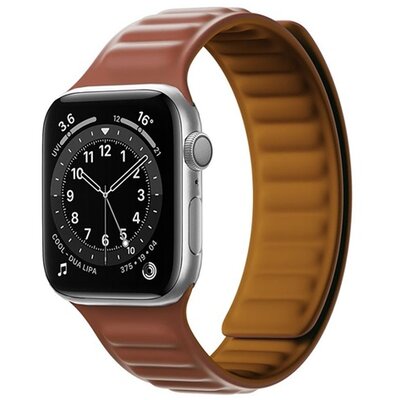 Pótszíj (egyedi méret, szilikon, bőr hatású, 3D minta, mágneses zár) BARNA [Apple Watch Series SE 2 40mm, Apple Watch Series 2 38mm, Apple Watch Series 3 38mm, Apple Watch Series 6 40mm]