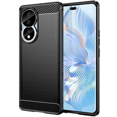 Szilikon telefonvédő (közepesen ütésálló, légpárnás sarok, szálcsiszolt, karbon minta) FEKETE [Honor 90 5G]