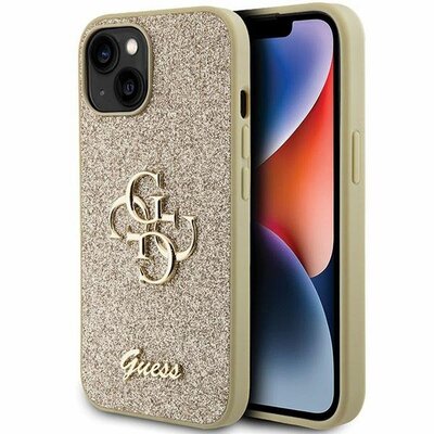 Eredeti előlap tok GUESS GUHCP15SHG4SGD iPhone 15-höz (Fixed Glitter Big 4G / arany)