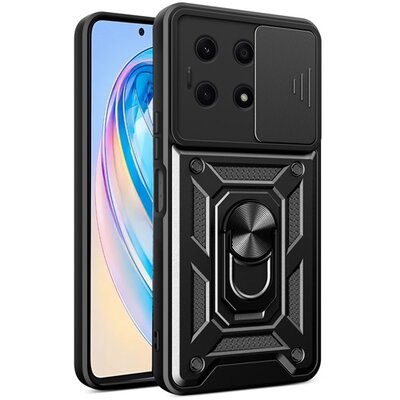 Defender műanyag telefonvédő (közepesen ütésálló, szilikon belső, telefontartó gyűrű, kamera védelem) FEKETE [Honor X8a]