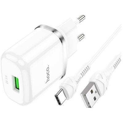 HOCO N3_TYPE-C_W HOCO N3 hálózati töltő USB aljzat (5V / 3000 mA, 18W, QC 3.0, gyorstöltés támogatás + Type-C kábel) FEHÉR