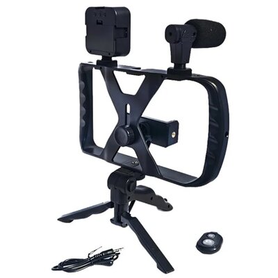 Tripod állvány (univerzális, 3.5mm jack mikrofon, LED fény, bluetooth távkioldó, dupla markolat) FEKETE