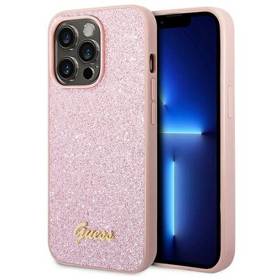 Eredeti tok GUESS GUHCP14XHGGSHP for iPhone 14 PRO MAX (Glitter Flakes Script Metal Logo / pink)