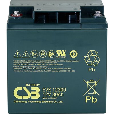 CSB Battery EVX 12300 Ólomakku 12 V 30 Ah Ólom-vlies (AGM) (Sz x Ma x Mé) 166 x 175 x 125 mm M5 csavaros csatlakozó Ciklusálló, Karbantartásmentes, Kis