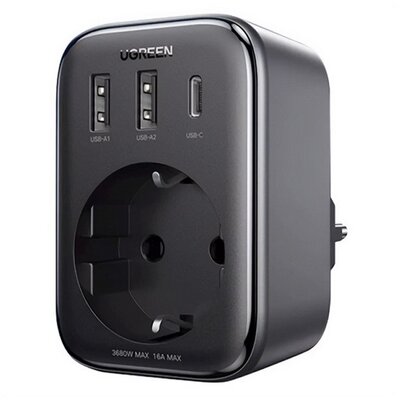 UGREEN CD314 UGREEN hálózati elosztó 2 USB / Type-C / hálózati aljzat (5V / 3A, 30W, GaN, PD gyorstöltés támogatás) FEKETE