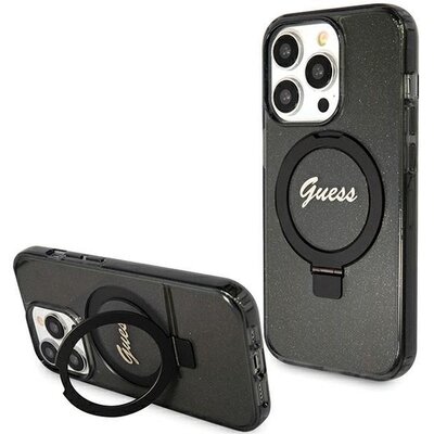 Eredeti tok GUESS GUHMP15LHRSGSK for iPhone 15 Pro (Magsafe / Glitter Script Logo / Ring stand / black)