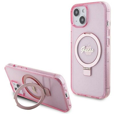 Eredeti tok GUESS GUHMP15SHRSGSP for iPhone 15 (Magsafe / Glitter Script Logo / Ring stand / pink)