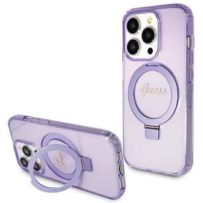 Eredeti tok GUESS GUHMP15LHRSGSU for iPhone 15 Pro (Magsafe / Glitter Script Logo / Ring stand / purple)