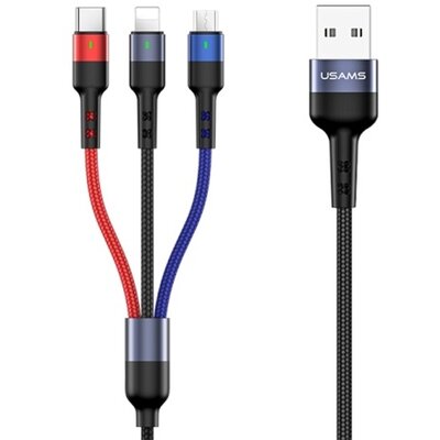 USAMS SJ410USB01 USAMS U26 adatkábel 3in1 (USB - lightning/Type-C/microUSB, 2A, gyorstöltő, 35cm) FEKETE