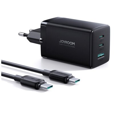 JOYROOM TCG01 JOYROOM hálózati töltő 2 Type-C/USB aljzat (65W, GaN, PD gyorstöltő 3.0 + Type-C kábel) FEKETE [Xiaomi Poco M6 Pro LTE, Samsung Galaxy Tab A9 LTE (SM-X115)]