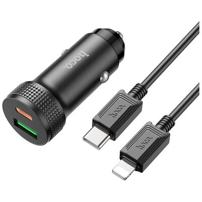 HOCO Z49B BLACK LIGHTNING HOCO LEVEL autós töltő USB+Type-C aljzat (38W, PD gyorstöltő 3.0 + lightning kábel) FEKETE