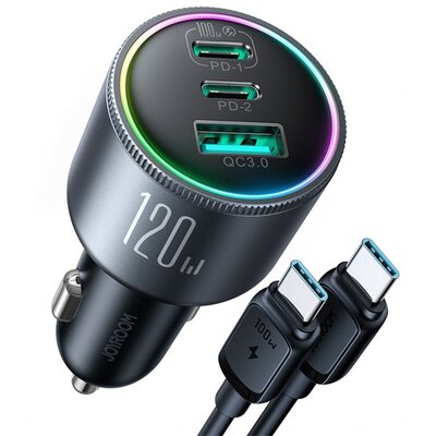 JOYROOM JR-CCN07 JOYROOM autós töltő USB+2 Type-C aljzat (5V/3A, 120W, PD gyorstöltő 3.0 + Type-C kábel) FEKETE