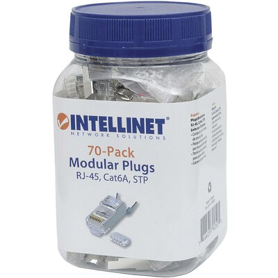 Intellinet Intellinet 70-pack Cat6A RJ45 moduláris csatlakozó Pro Line STP hárompontos vezetékcsatlakozás sodrott és szilárd vezetékes 70 csatlakozókhoz, 50