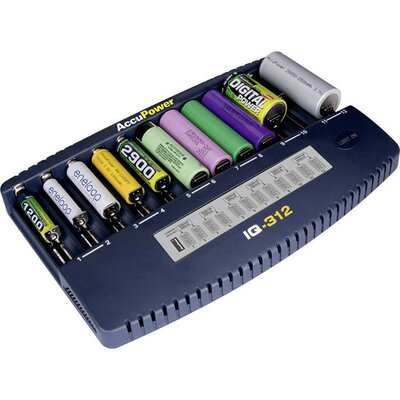 AccuPower IQ312 Hengeres akku töltő NiCd, NiMH, Lítiumion 10340, 10350, 10440, 10500, 12500, 12650, 13500, 13650, 14500, 14650, 16340, 16650, 17335, 17355,