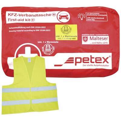 Petex 43939712 Plus rot DIN 13164:2022 inkl. Warnweste gelb EN 20471 Elsősegély táska Láthatósági mellénnyel Személygépkocsi, Lakókocsik, Furgon, SUV (H x Sz x