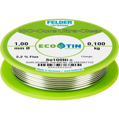 Felder Löttechnik ISO-Core Ultra-Clear Sn100Ni+ Forrasztóón, ólommentes Tekercs Sn99,25Cu0,7Ni0,05 0.100 kg 1 mm