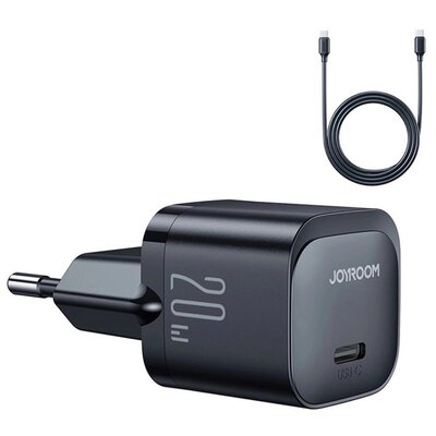 JOYROOM JR-TCF02_BLACK_TYPE-C JOYROOM MINI hálózati töltő Type-C aljzat (20W, PD gyorstöltő + Type-C kábel) FEKETE [Motorola Moto G24]