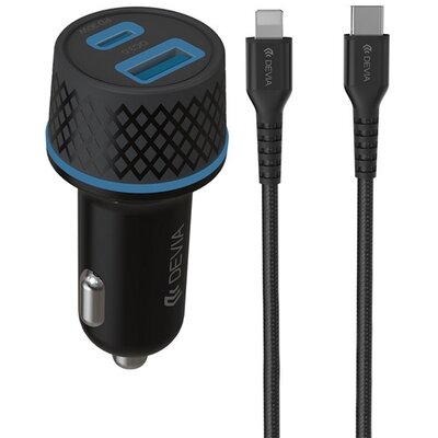 DEVIA EA135 DEVIA EXTREME autós töltő USB+Type-C aljzat (52.5W, PD gyorstöltő 3.0 + lightning kábel) FEKETE