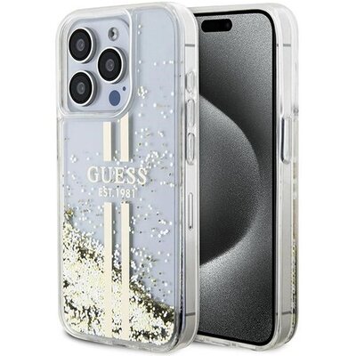 Eredeti előlap tok GUESS GUHCP15LLFCSEGT iPhone 15 Pro készülékhez (Liquid Glitter Gold Stripes / átlátszó)