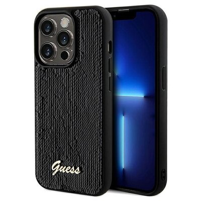 Eredeti előlap tok GUESS GUHCP14LPSFDGSK iPhone 14 Pro készülékhez (Sequin Script Metal / fekete)