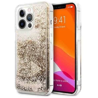 Eredeti előlap tok GUESS GUOHCP14LGLHFLGO iPhone 14 PRO készülékhez (Liquide Glitter Charms / arany)