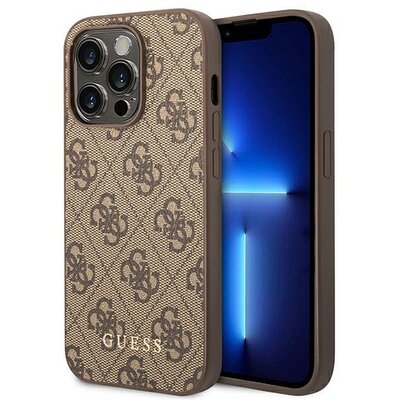 Eredeti előlap tok GUESS GUHCP14LG4GFBR iPhone 14 PRO készülékhez (4G Gold Logo / barna)