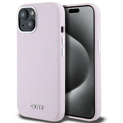 DKNY tok IPHONE 15-ös telefonhoz kompatibilis a MagSafe DKHMP15SSMCHLP (DKNY HC MagSafe Silicone W/Horizontal Metal Logo) rózsaszínű