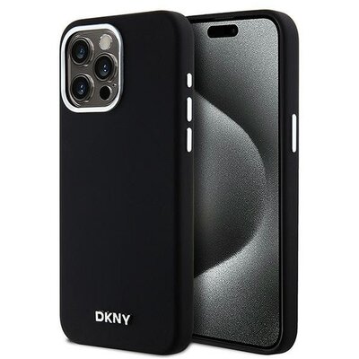 DKNY tok IPHONE 15 Pro Max készülékhez kompatibilis a MagSafe DKHMP15XSMCHLK (DKNY HC MagSafe szilikon vízszintes fém logóval) fekete