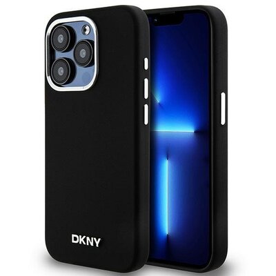 DKNY tok IPHONE 15 Pro kompatibilis MagSafe DKHMP15LSMCHLK (DKNY HC MagSafe szilikon vízszintes fém logóval) fekete