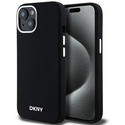 DKNY tok IPHONE 15-ös telefonhoz kompatibilis a MagSafe DKHMP15SSMCHLK (DKNY HC MagSafe szilikon vízszintes fém logóval) fekete