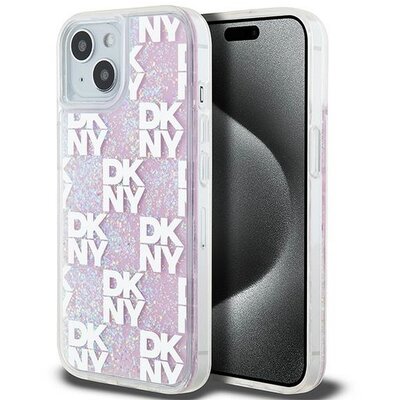 DKNY tok IPHONE 15-hez DKHCP15SLCPEPP (DKNY HC Liquid Glitters W/Checkered Pattern) rózsaszínű