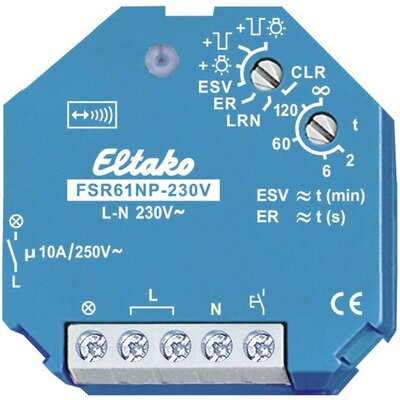 FSR61NP-230V Eltako vezeték nélküli Kapcsoló működtető Áramlöket kapcsoló 1 csatornás Süllyeszett Kapcsolási teljesítmény (max.) 2000 W Max. hatótáv (szabad